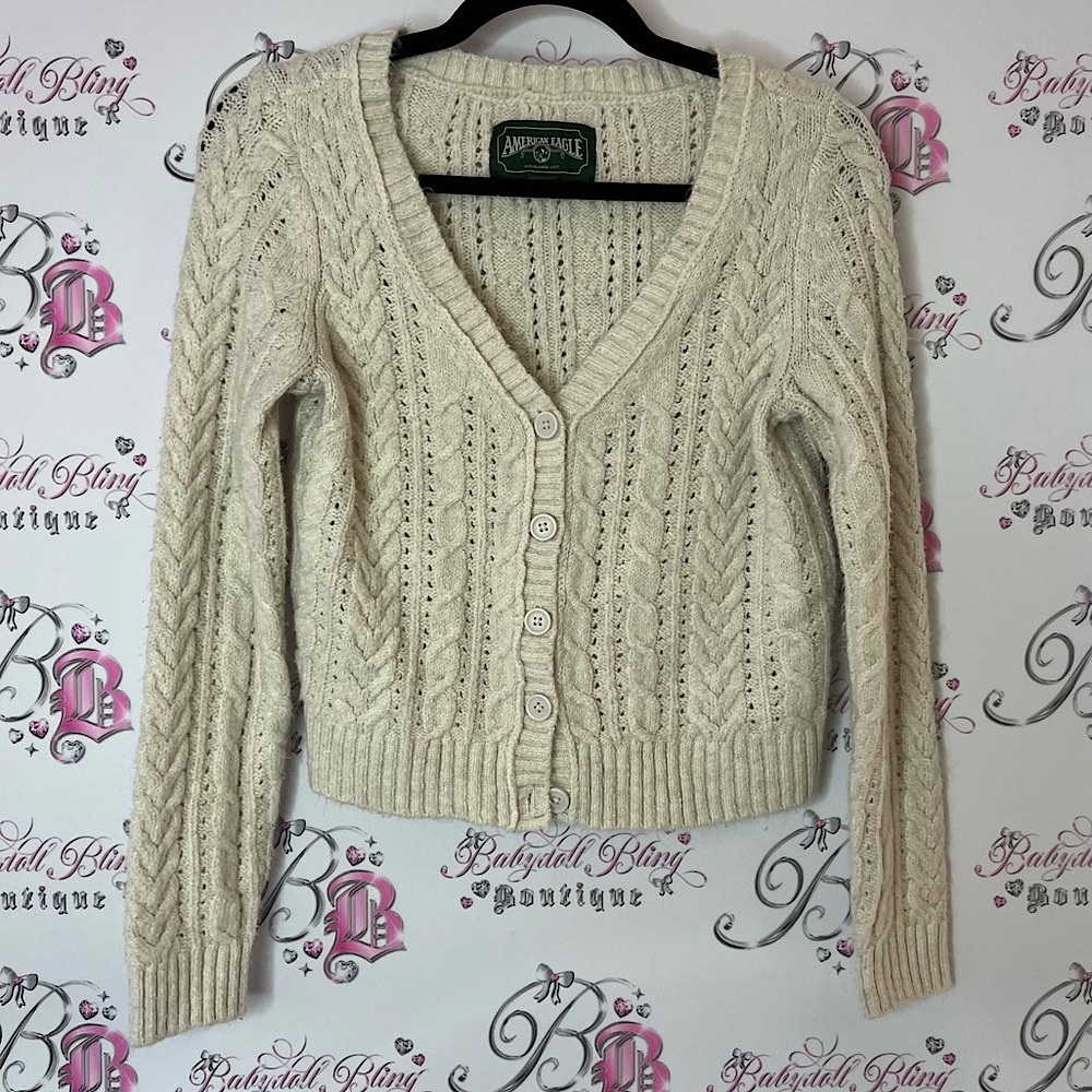 American Eagle Outfitters Women's Beige Cable Knit Cardigan button up white